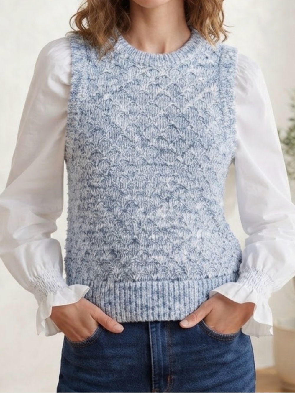 French Connection Textured Knit Sweater Vest w/ Attached Cotton Shirt